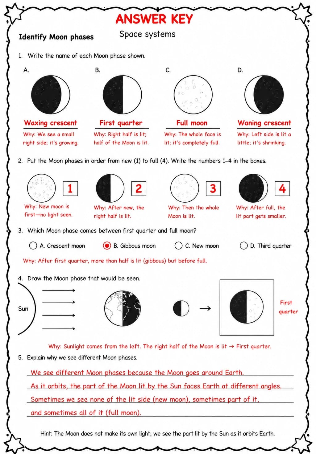Answer key for Identify Moon phases — free printable Science worksheet
