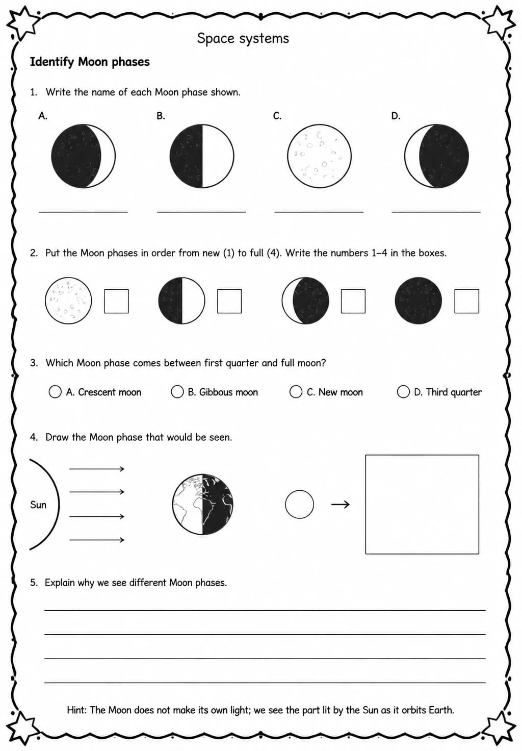 Identify Moon phases — free printable Grade 5 Science worksheet