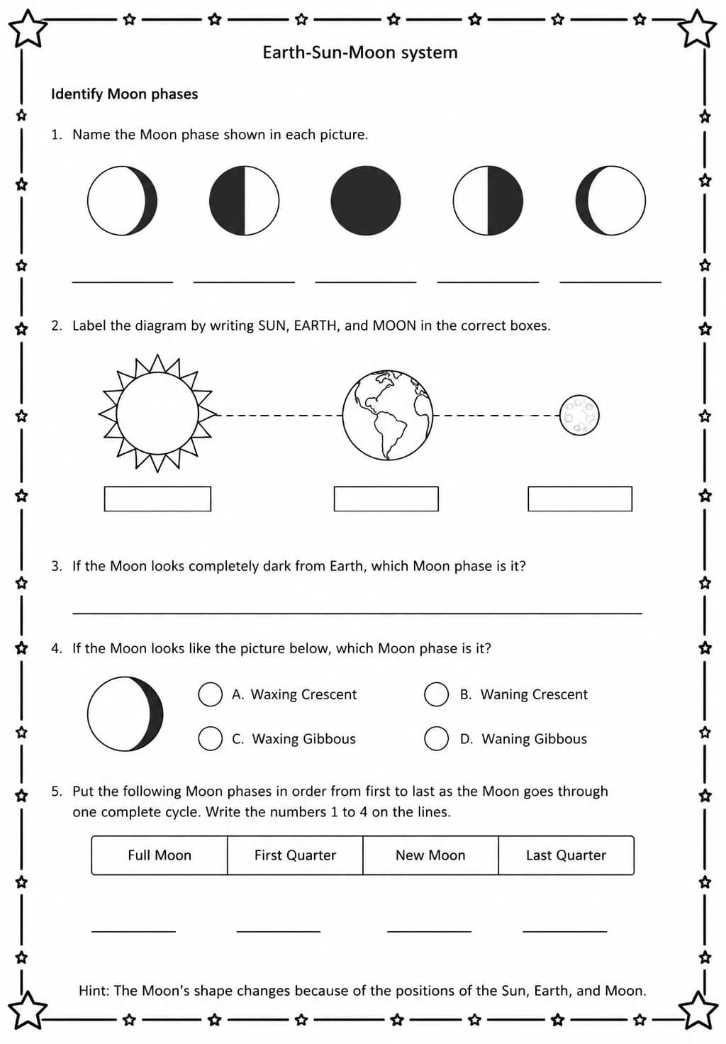 Identify Moon phases — free printable Middle School Science worksheet
