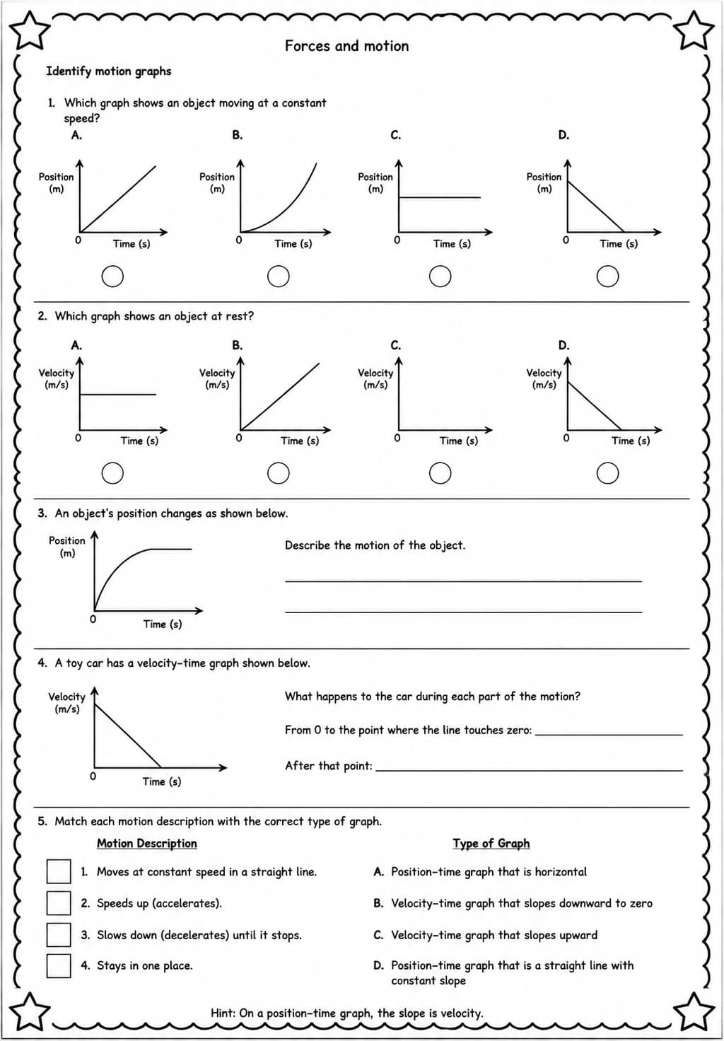 Identify motion graphs — free printable Grade 5 Science worksheet