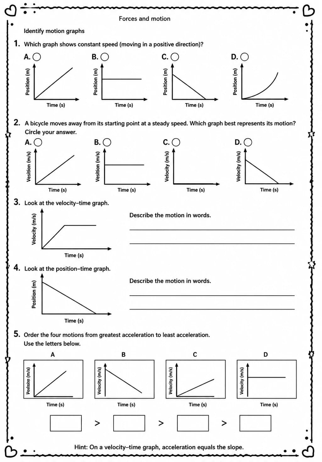 Identify motion graphs — free printable Middle School Science worksheet
