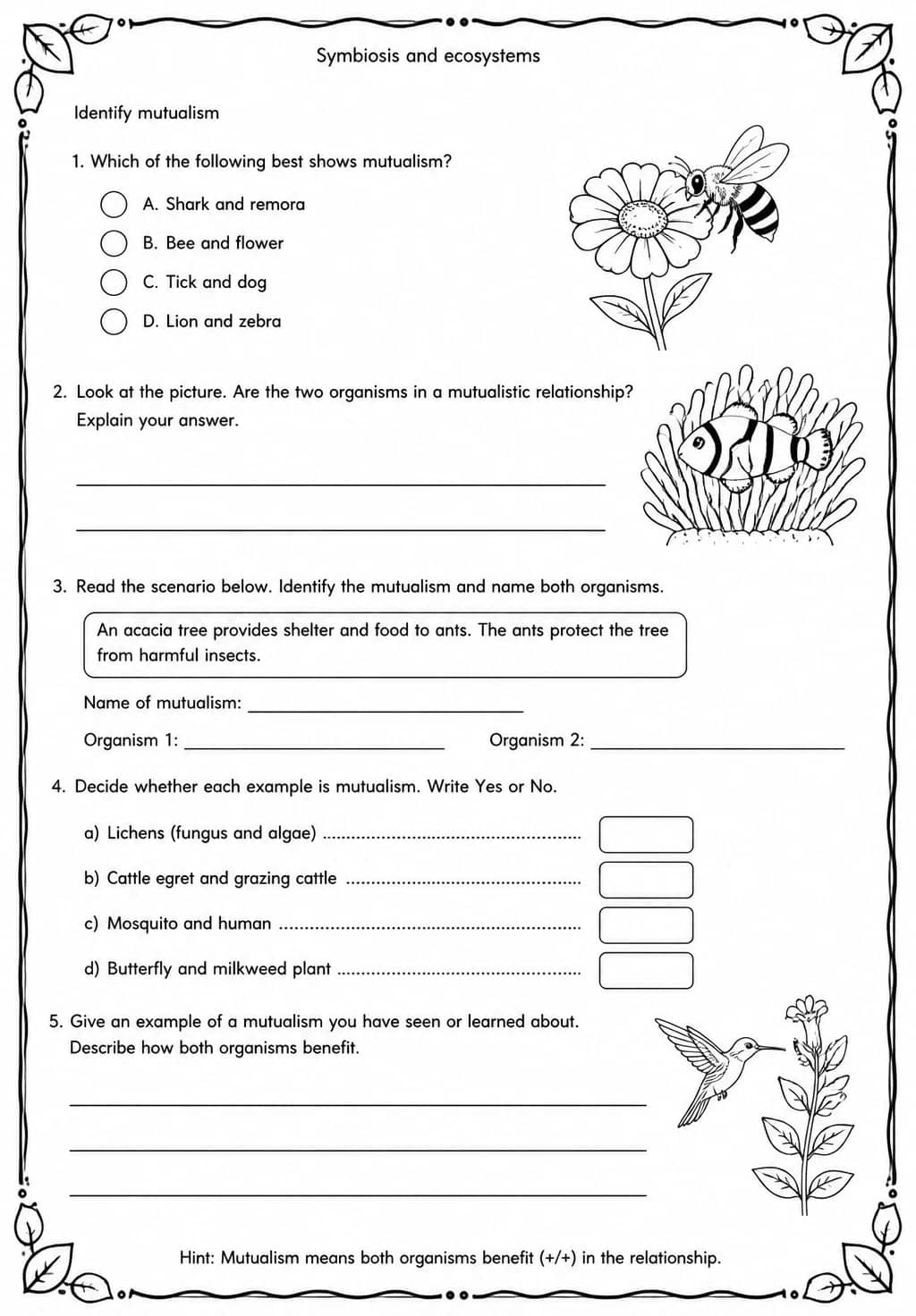 Identify mutualism — free printable Middle School Science worksheet