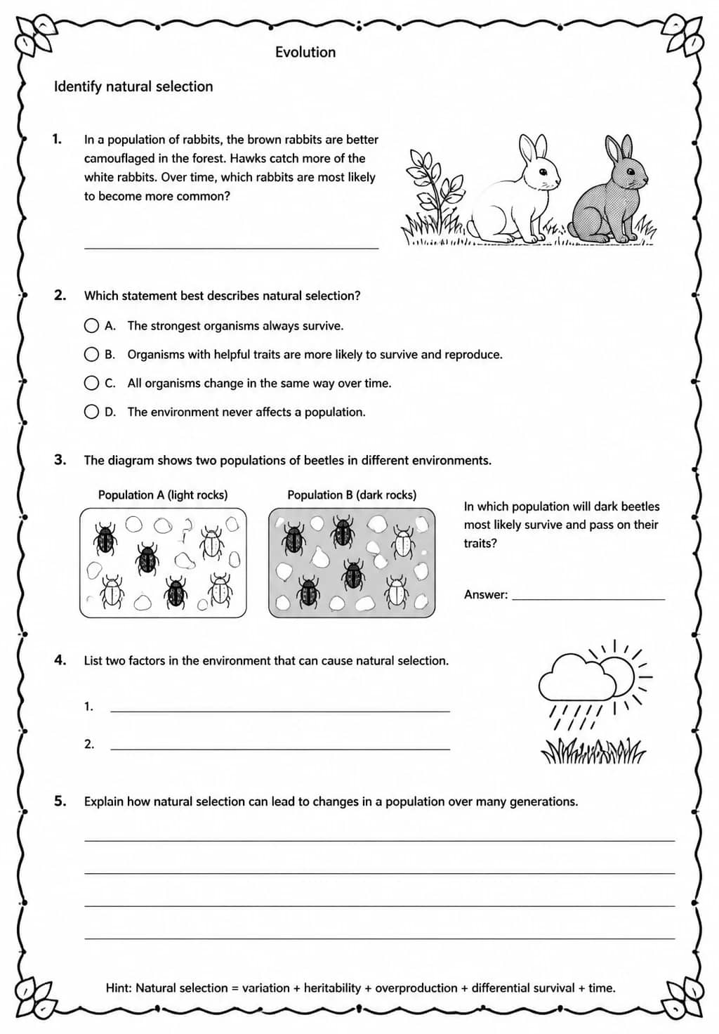 Identify natural selection — free printable High School Science worksheet