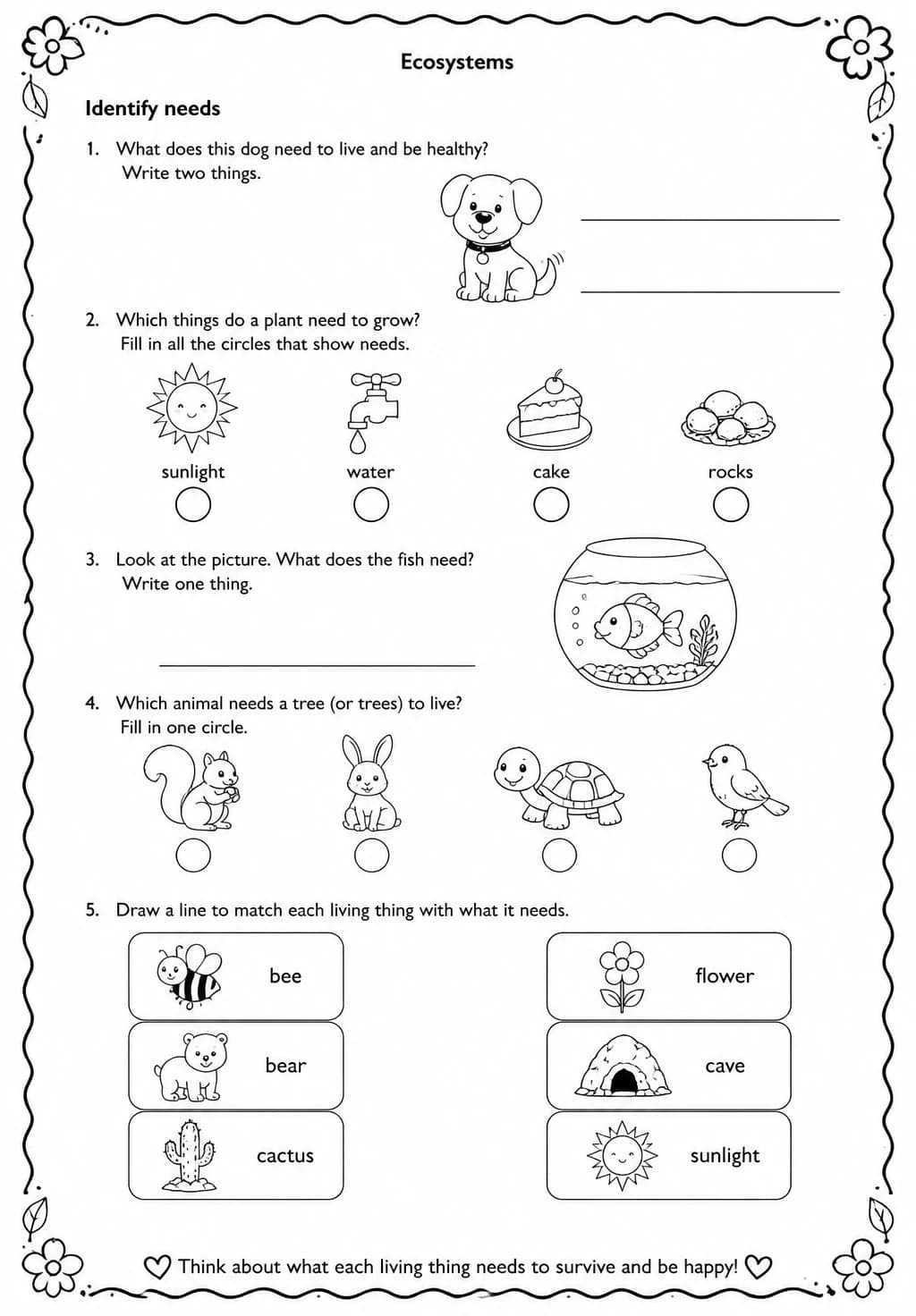 Identify needs — free printable Grade 1 Science worksheet