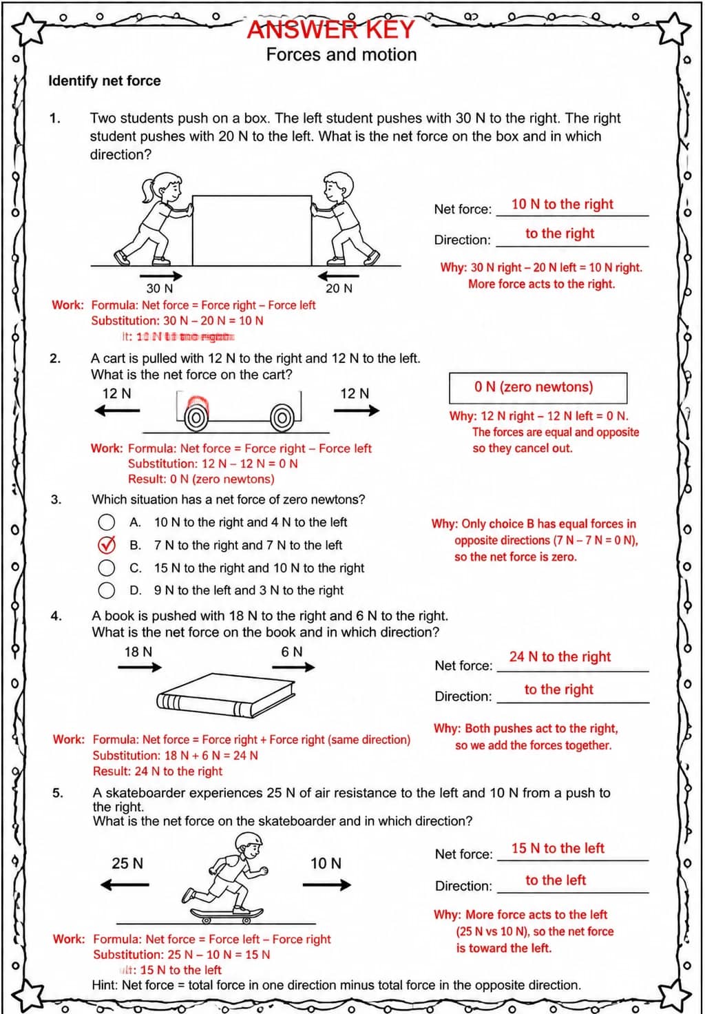 Answer key for Identify net force — free printable Science worksheet