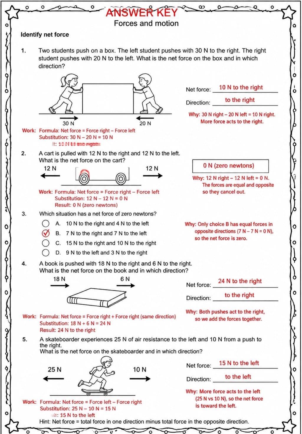 Answer key for Identify net force — free printable Science worksheet