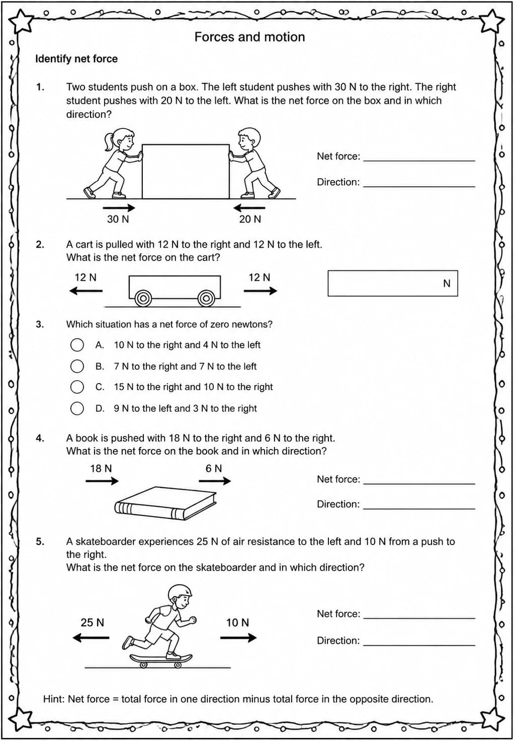 Identify net force — free printable Middle School Science worksheet