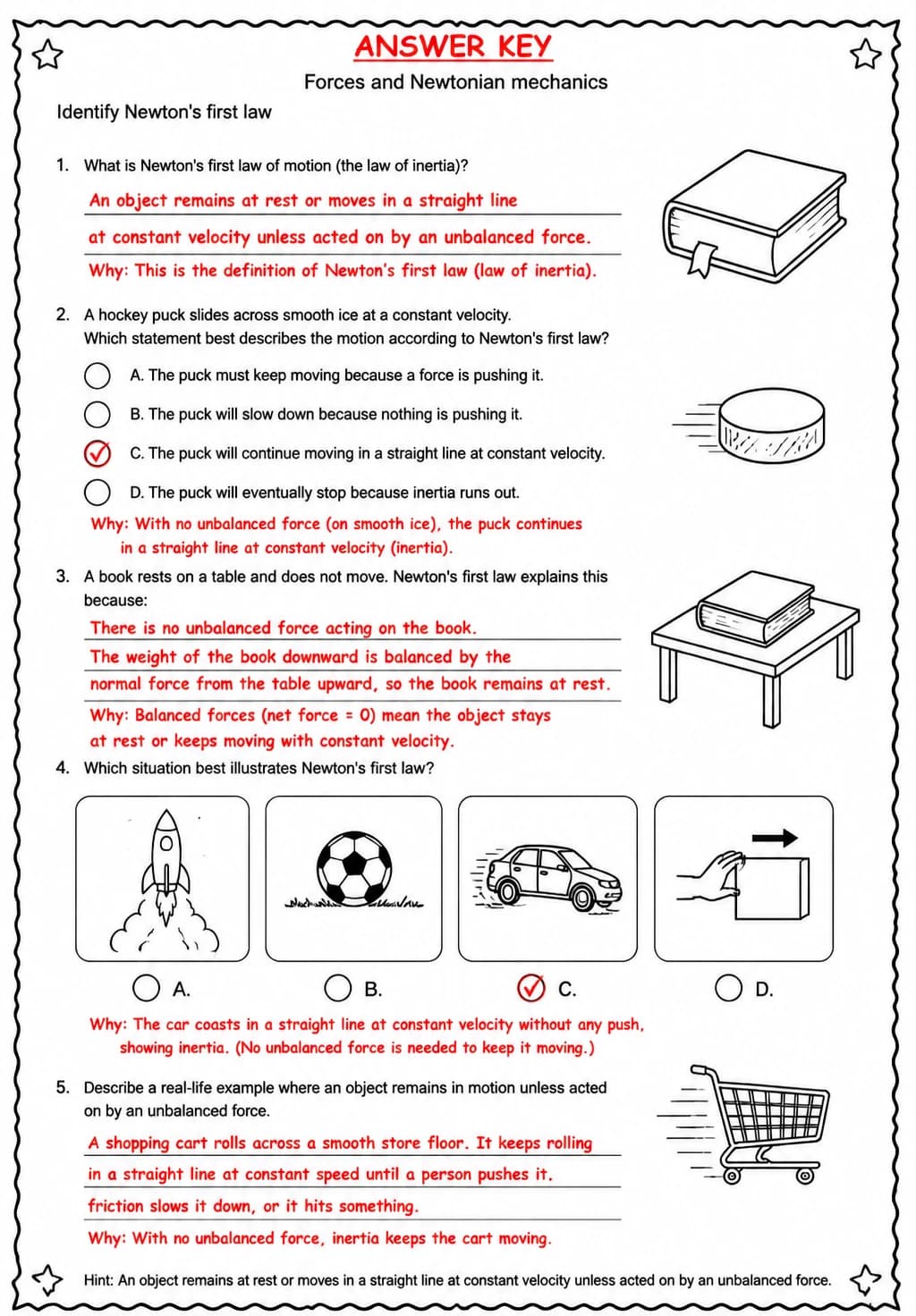 Answer key for Identify Newton's first law — free printable Science worksheet