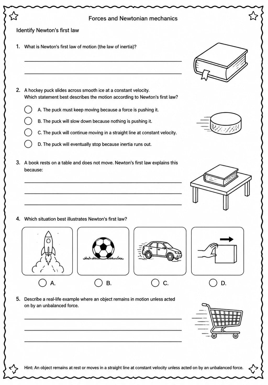 Identify Newton's first law — free printable High School Science worksheet