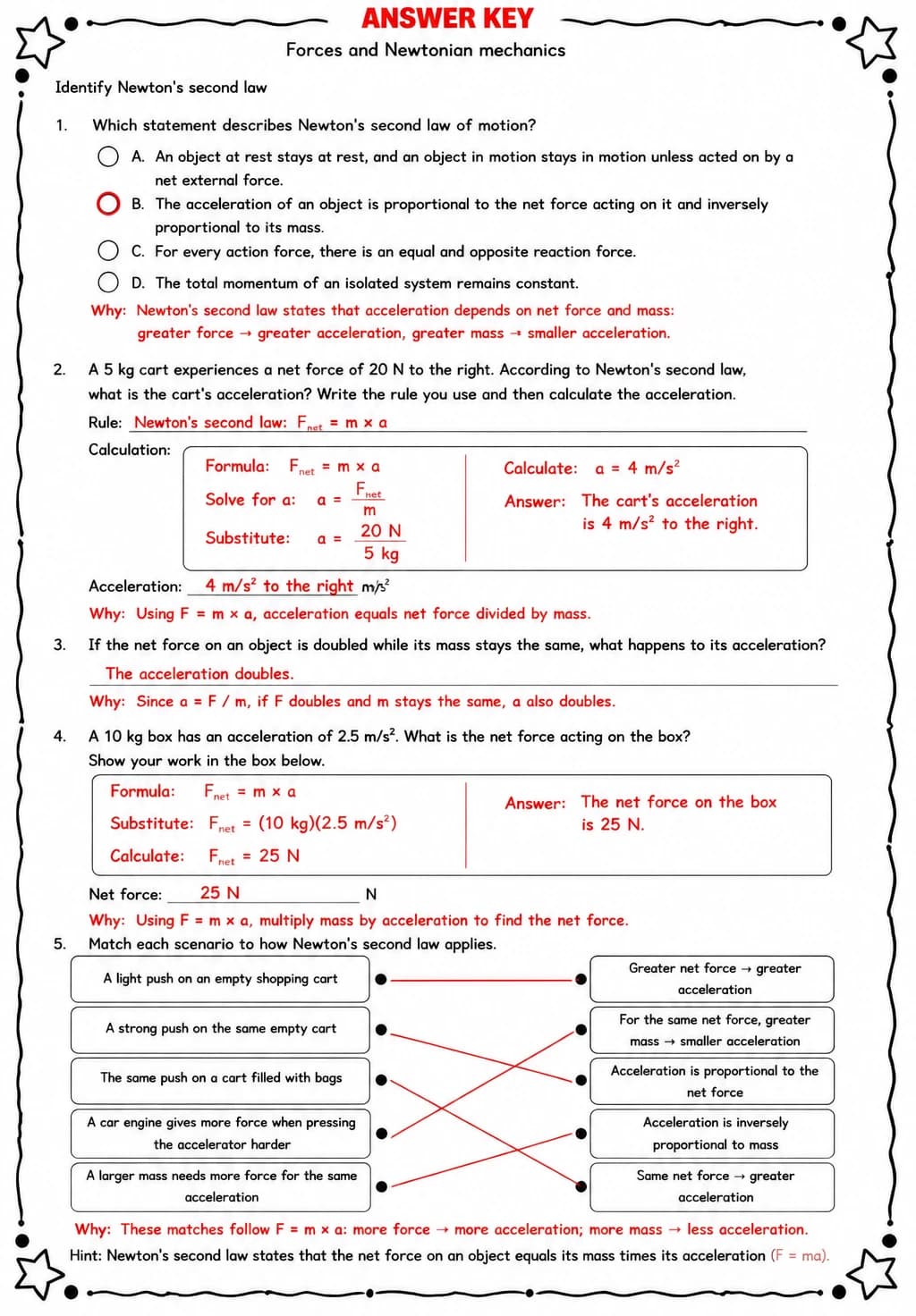 Answer key for Identify Newton's second law — free printable Science worksheet
