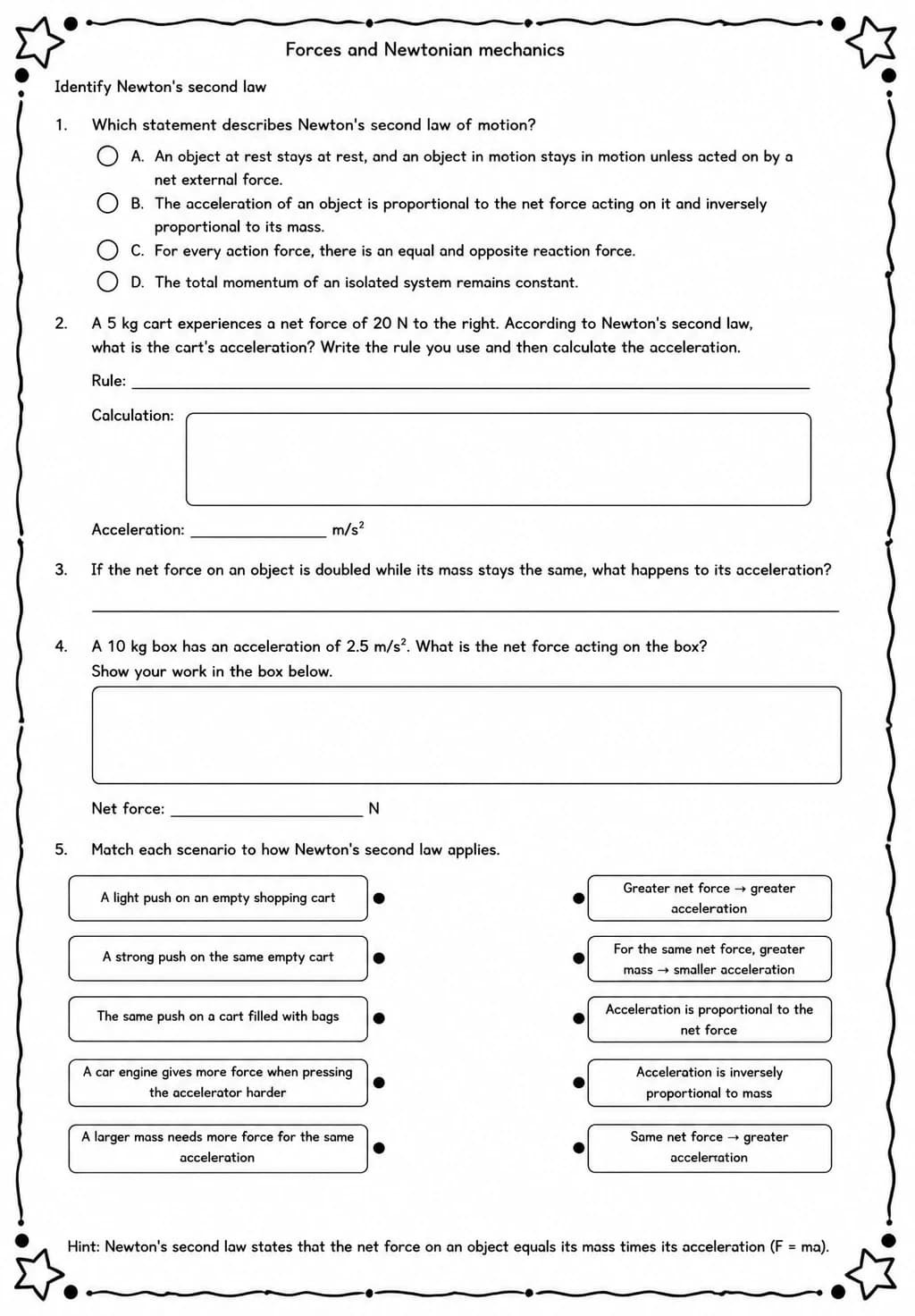 Identify Newton's second law — free printable High School Science worksheet