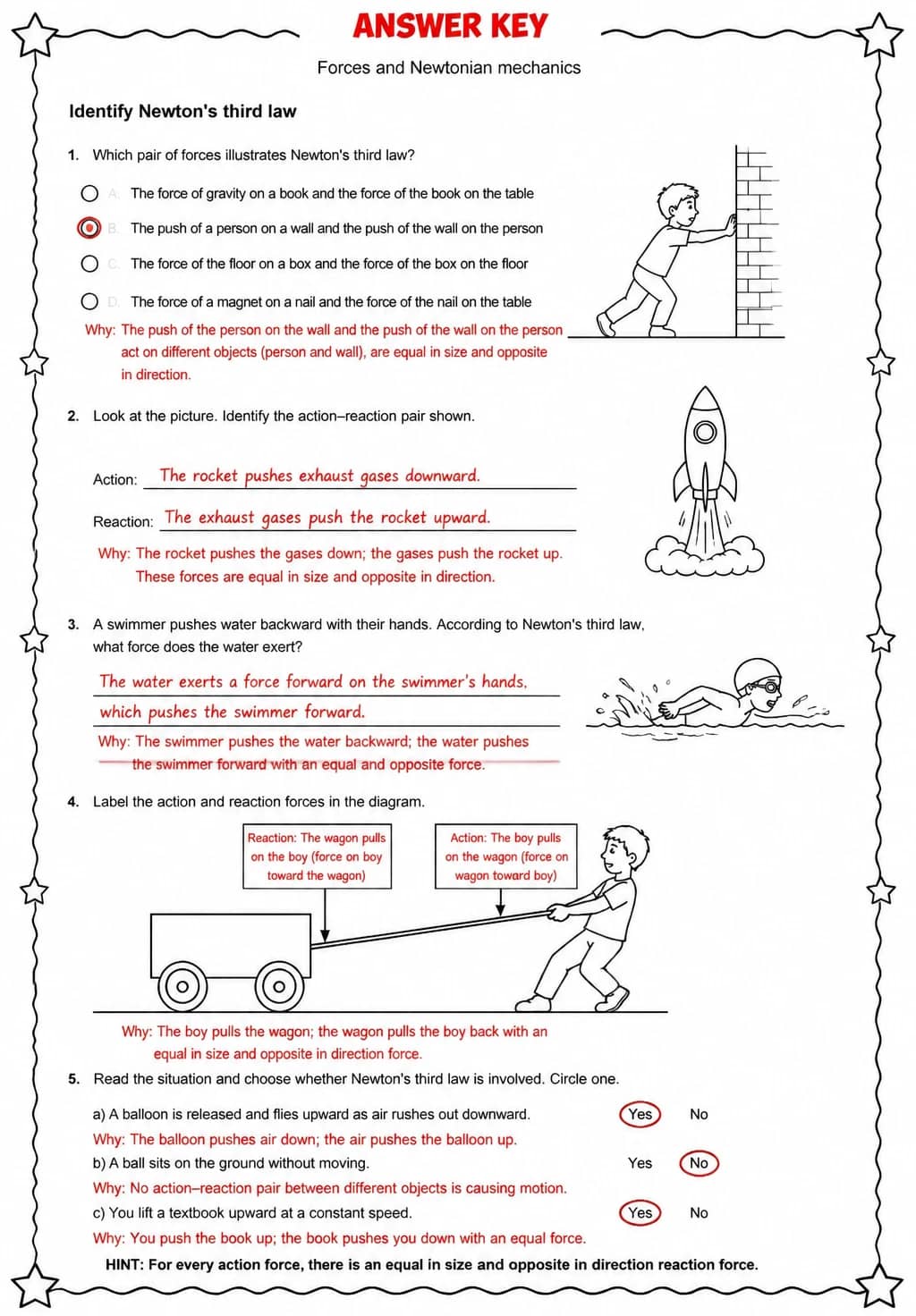 Answer key for Identify Newton's third law — free printable Science worksheet