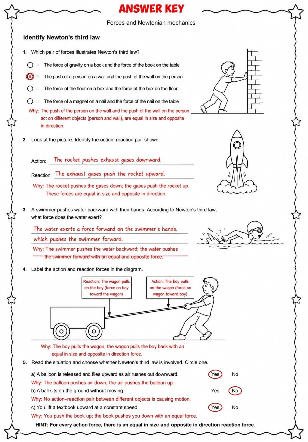 Answer key for Identify Newton's third law — free printable Science worksheet