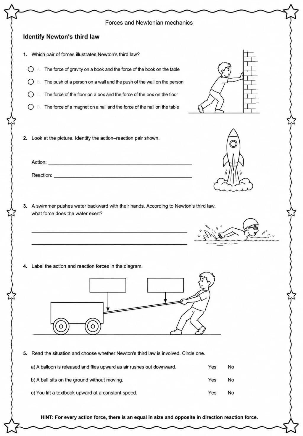 Identify Newton's third law — free printable High School Science worksheet