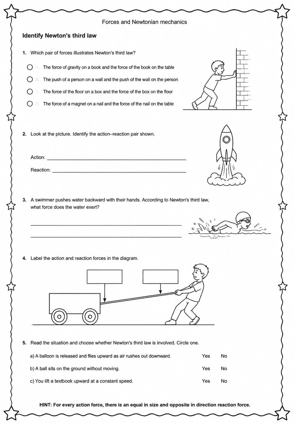 Identify Newton's third law — free printable High School Science worksheet