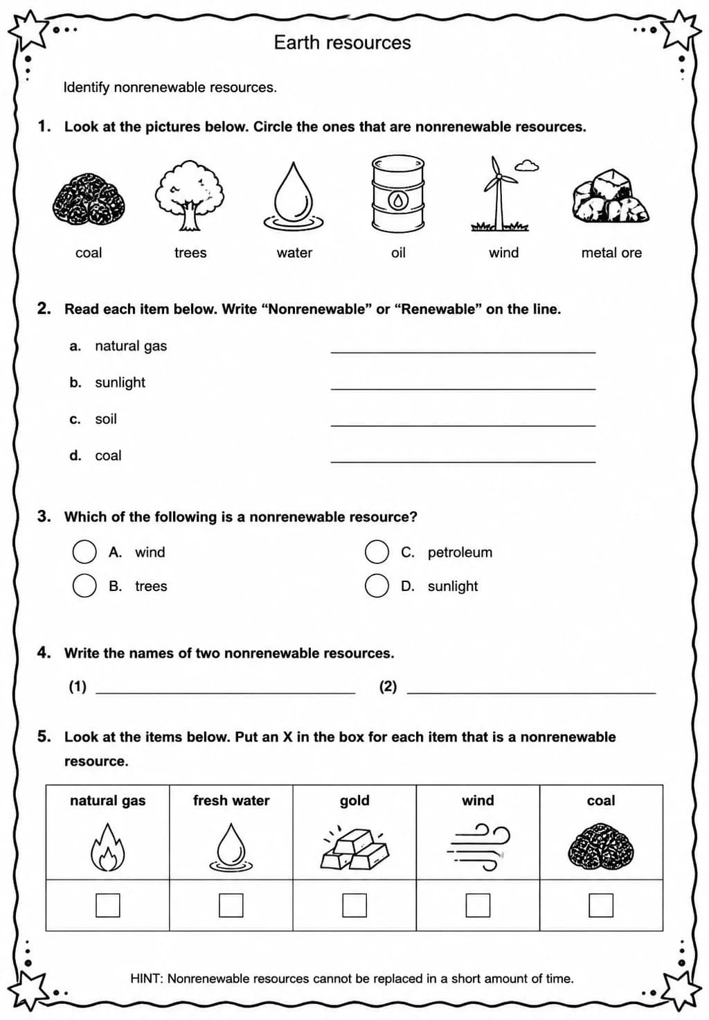 Identify nonrenewable resources — free printable Grade 5 Science worksheet