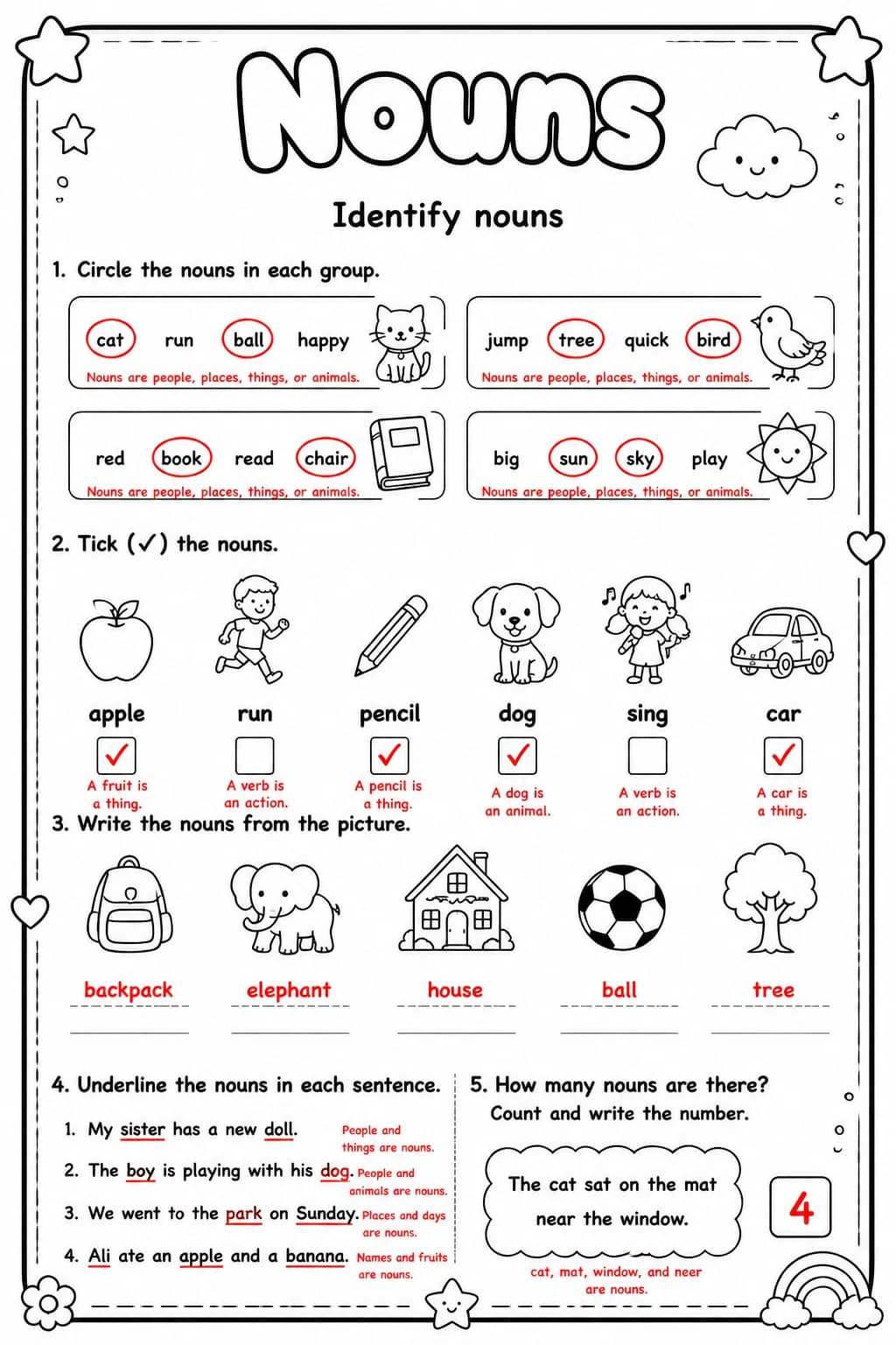 Answer key for Identify nouns — free printable English & Reading worksheet