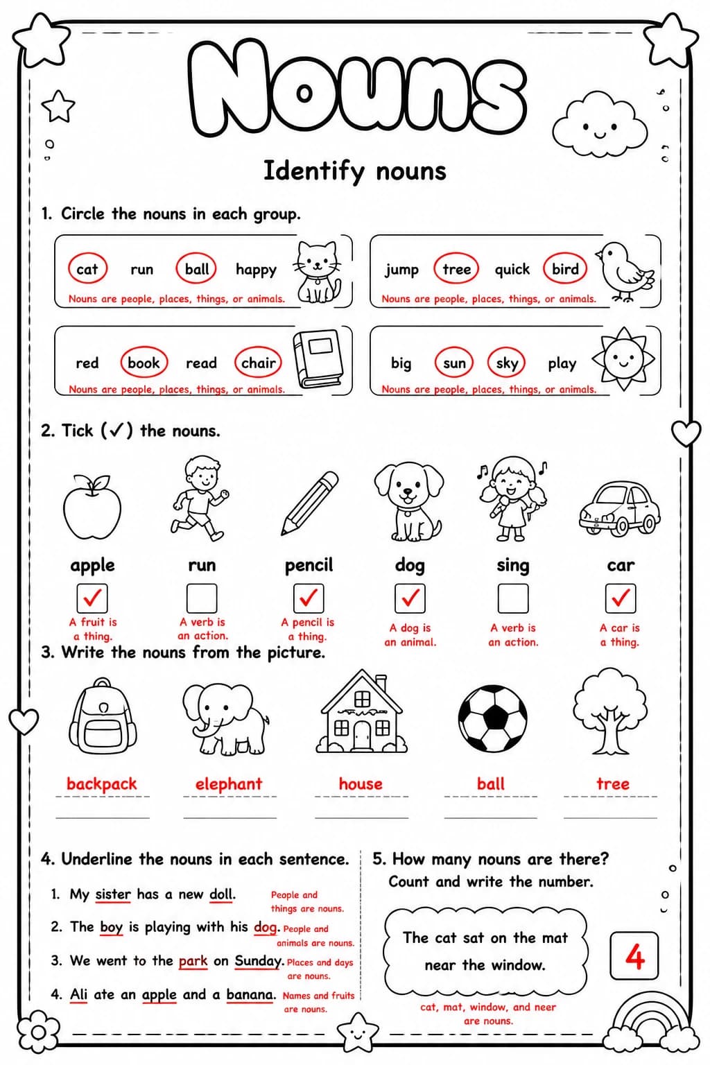 Answer key for Identify nouns — free printable English & Reading worksheet