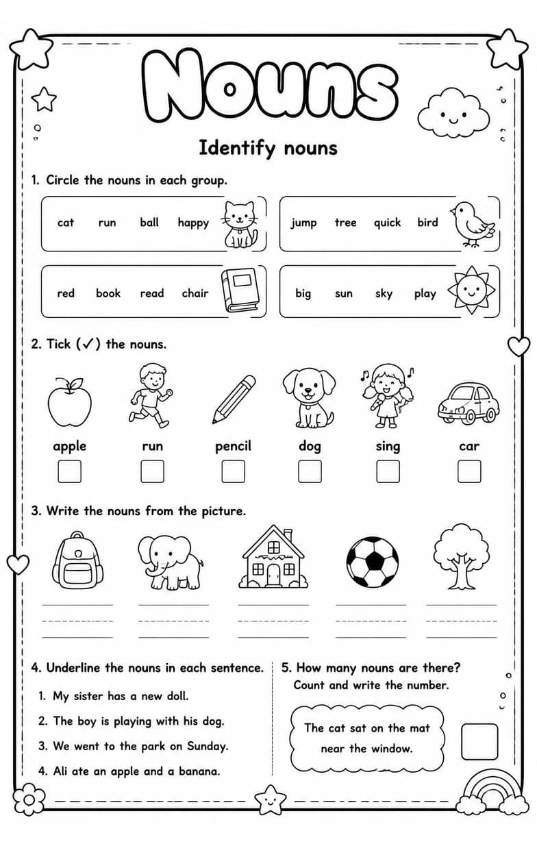 Identify nouns — free printable Grade 2 English & Reading worksheet