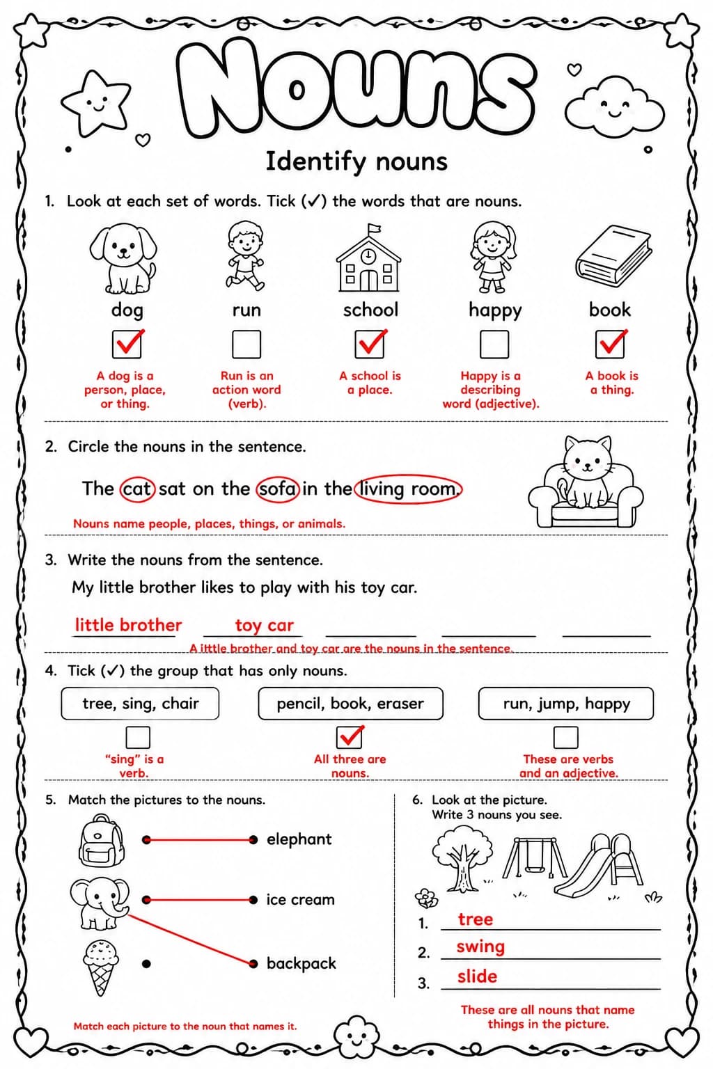 Answer key for Identify nouns — free printable English & Reading worksheet