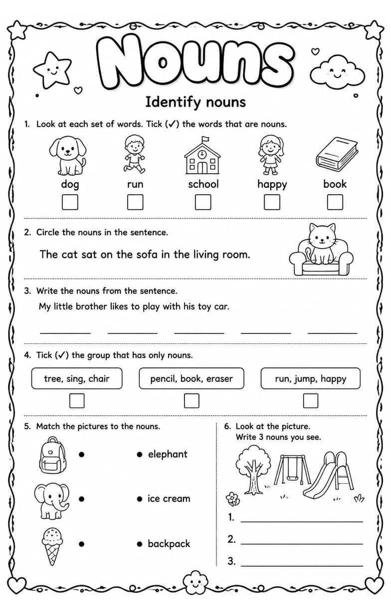 Identify nouns — free printable Grammar and mechanics English worksheet