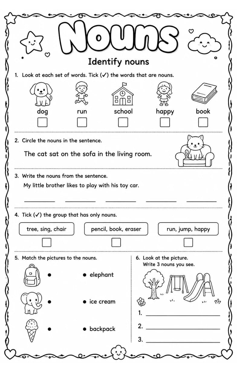 Identify nouns — free printable Grade 3 English & Reading worksheet