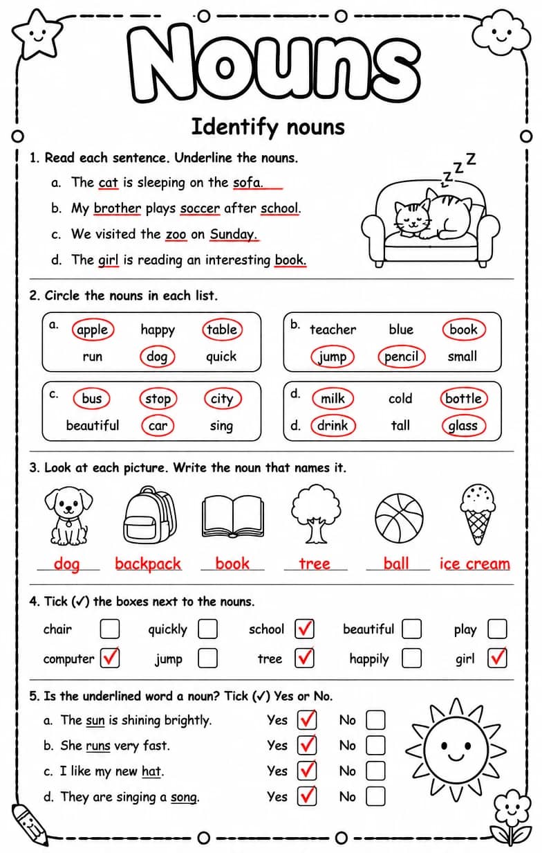 Answer key for Identify nouns — free printable English & Reading worksheet