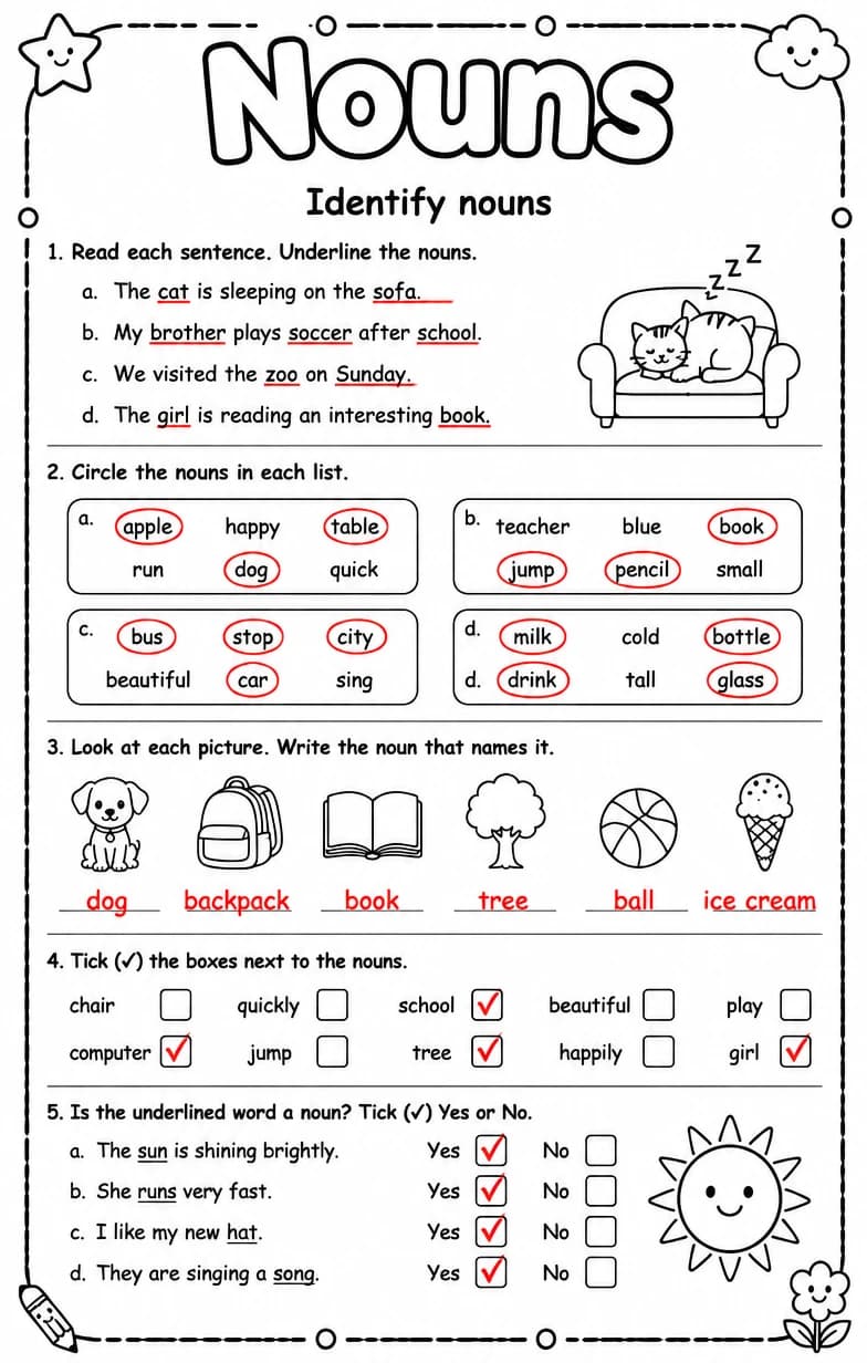 Answer key for Identify nouns — free printable English & Reading worksheet