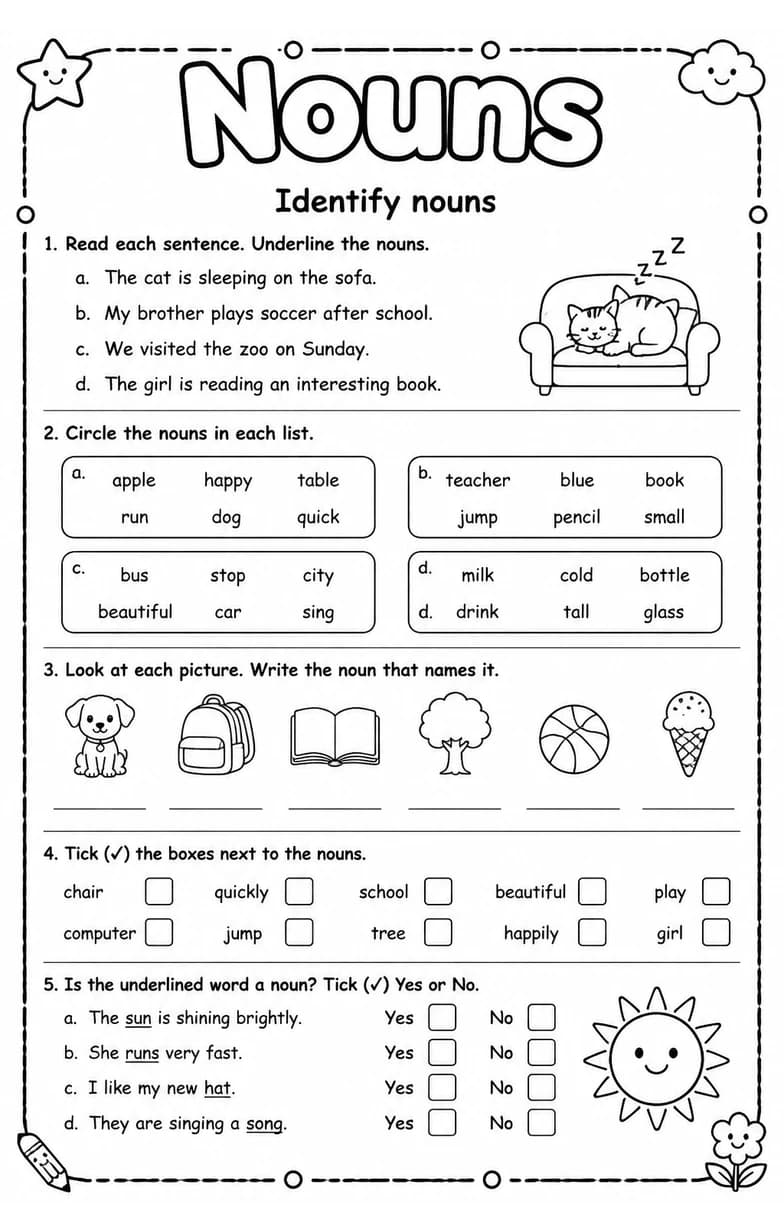 Identify nouns — free printable Grammar and mechanics English worksheet