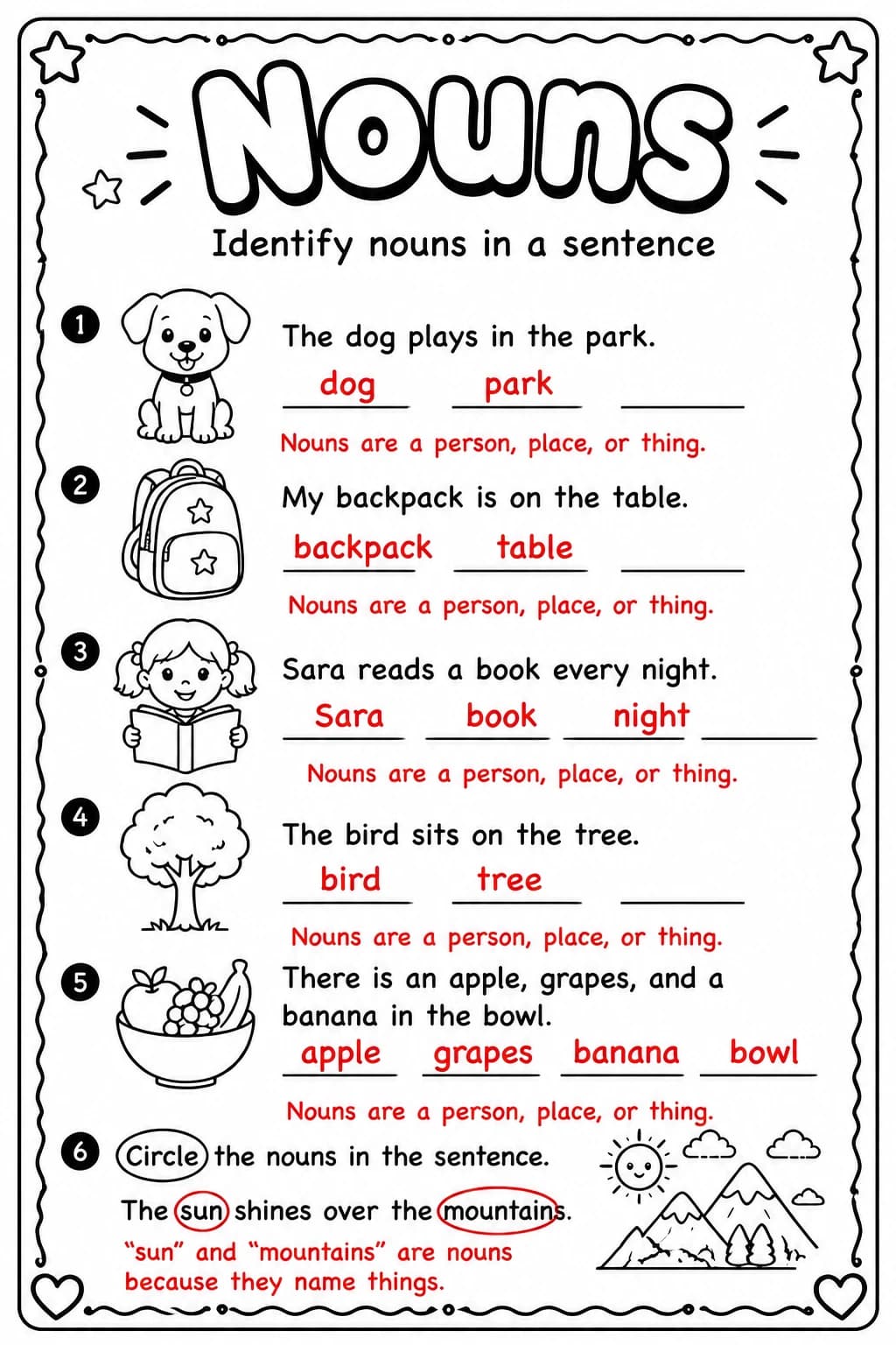 Answer key for Identify nouns in a sentence — free printable English & Reading worksheet