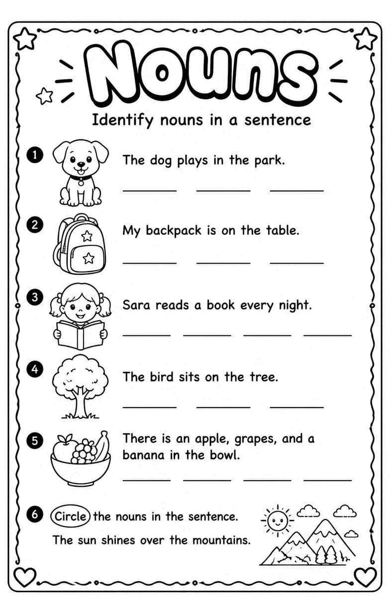 Identify nouns in a sentence — free printable Grade 1 English & Reading worksheet