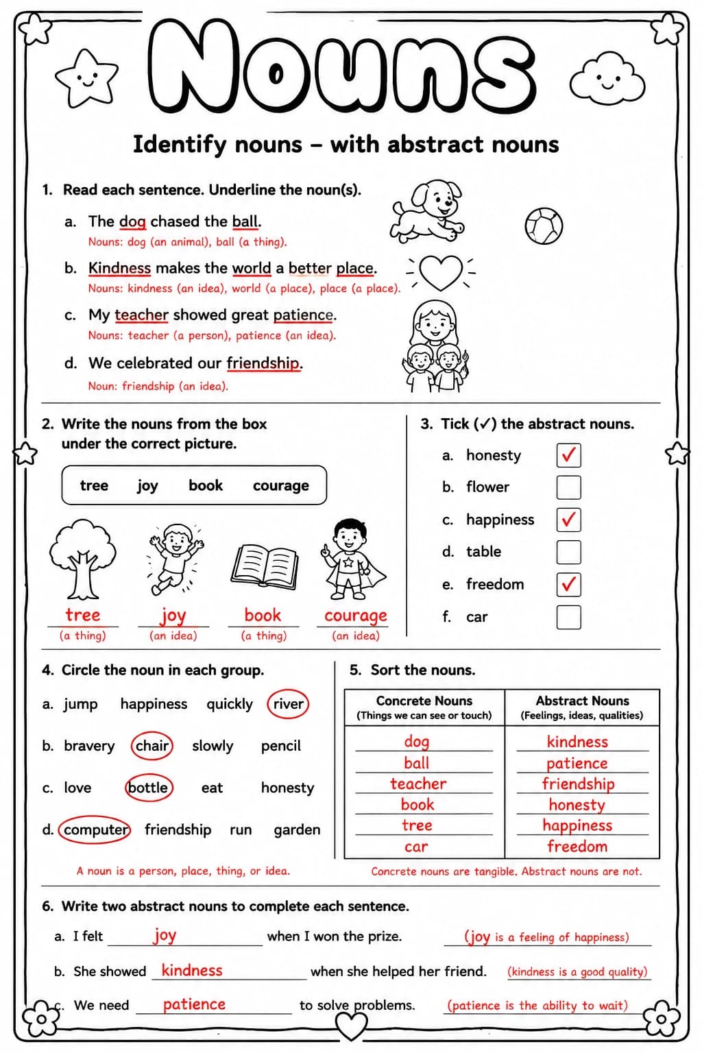 Answer key for Identify nouns – with abstract nouns — free printable English & Reading worksheet
