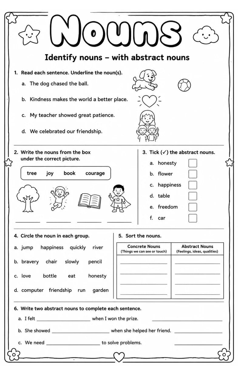 Identify nouns – with abstract nouns — free printable Grade 3 English & Reading worksheet