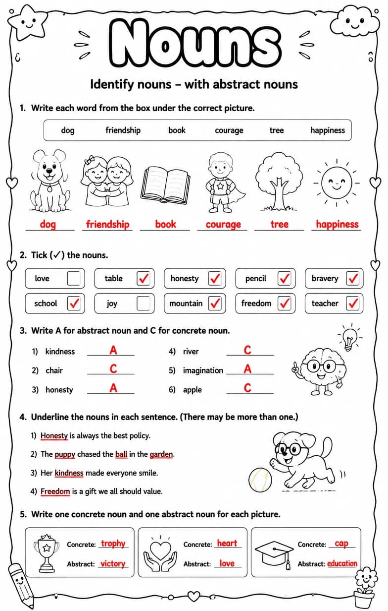 Answer key for Identify nouns – with abstract nouns — free printable English & Reading worksheet