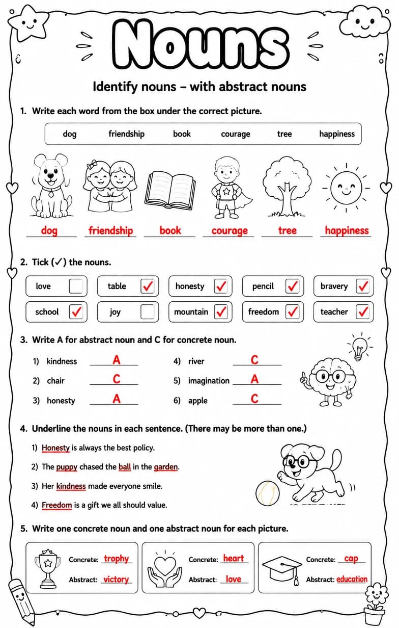 Answer key for Identify nouns – with abstract nouns — free printable English & Reading worksheet