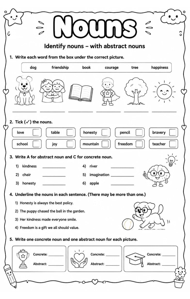 Identify nouns – with abstract nouns — free printable Grade 4 English & Reading worksheet