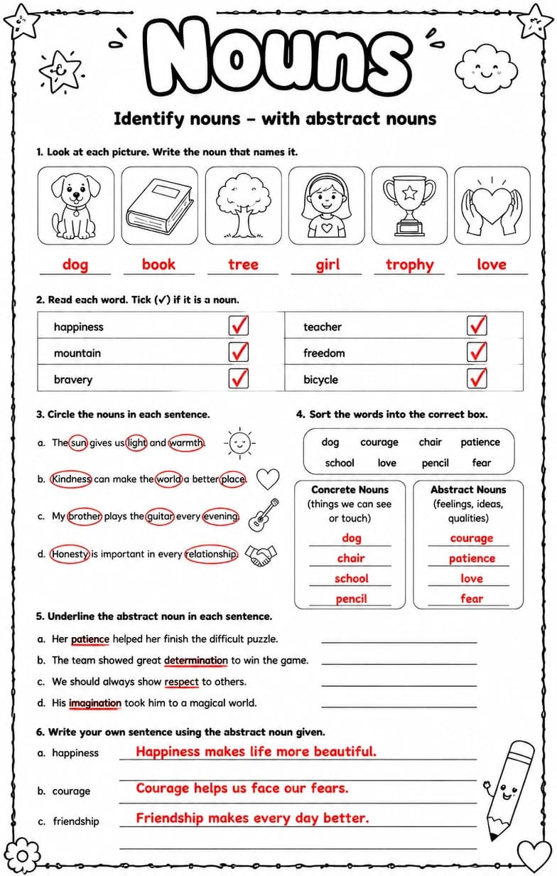 Answer key for Identify nouns – with abstract nouns — free printable English & Reading worksheet