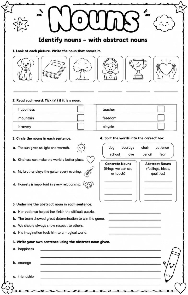 Identify nouns – with abstract nouns — free printable Grammar and mechanics English worksheet