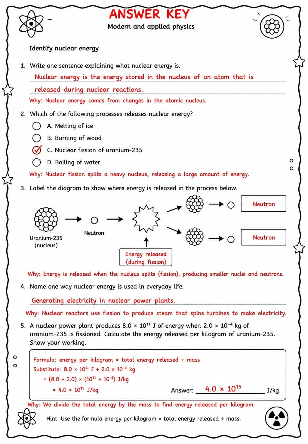 Answer key for Identify nuclear energy — free printable Science worksheet