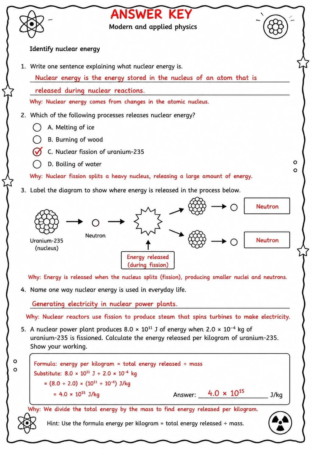 Answer key for Identify nuclear energy — free printable Science worksheet