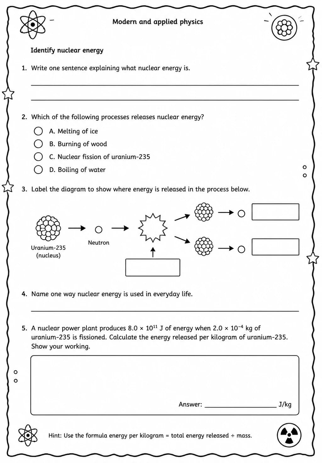 Identify nuclear energy — free printable High School Science worksheet