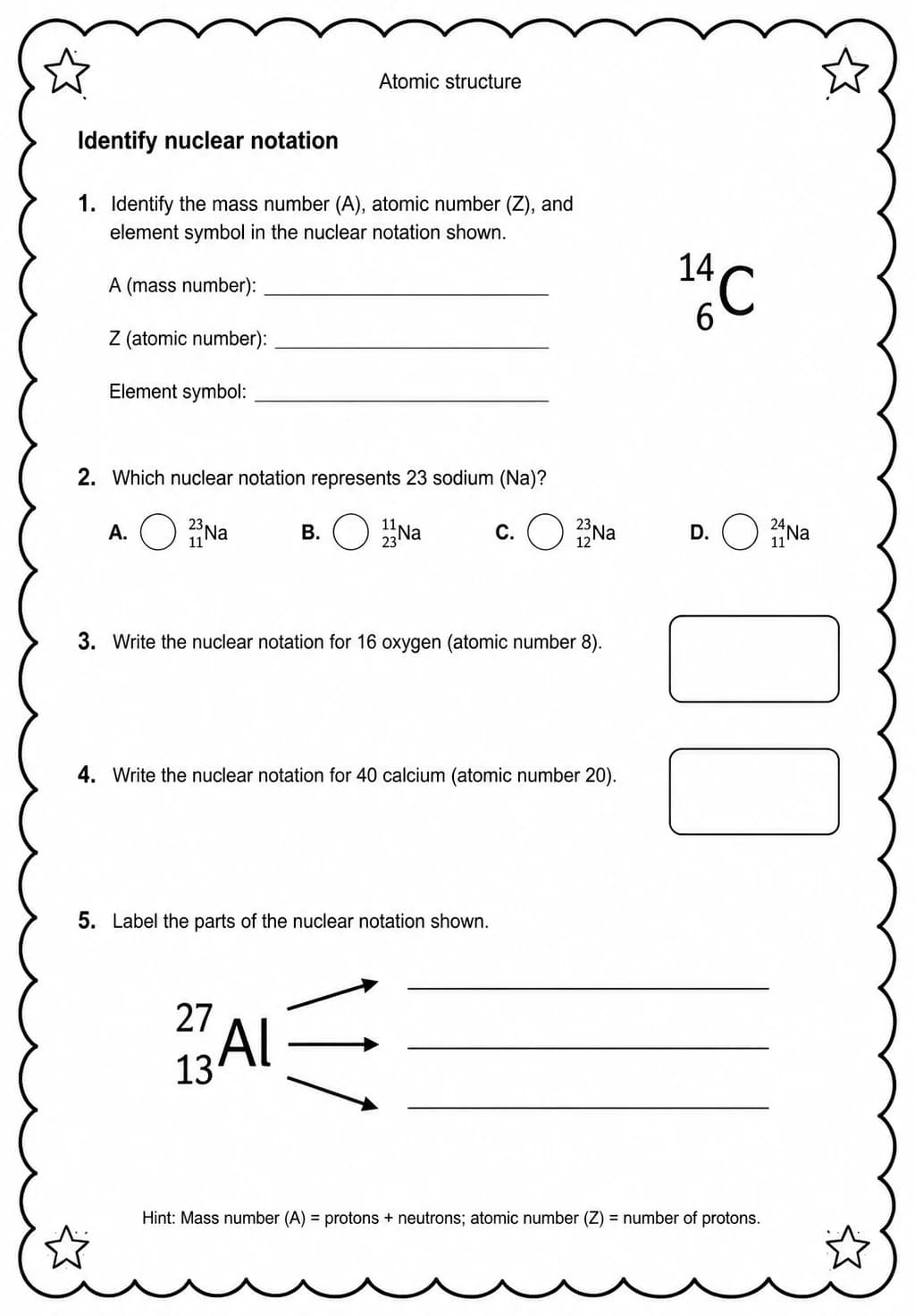 Identify nuclear notation — free printable High School Science worksheet