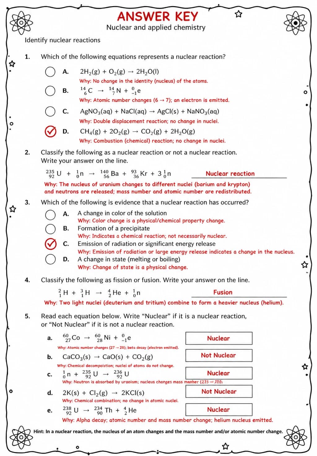 Answer key for Identify nuclear reactions — free printable Science worksheet