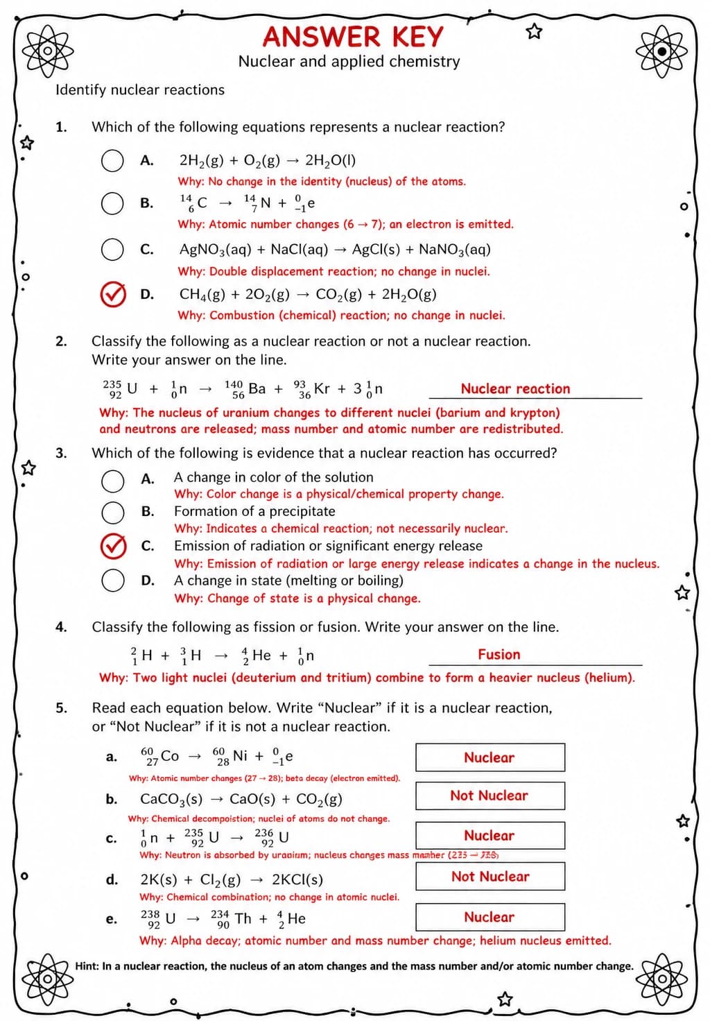 Answer key for Identify nuclear reactions — free printable Science worksheet