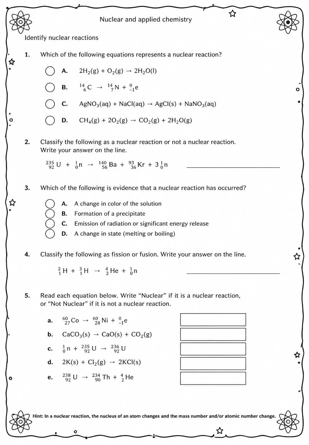 Identify nuclear reactions — free printable High School Science worksheet