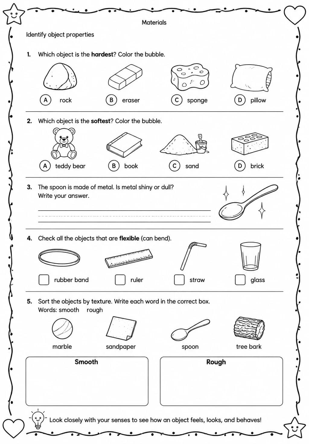 Identify object properties — free printable Grade 2 Science worksheet