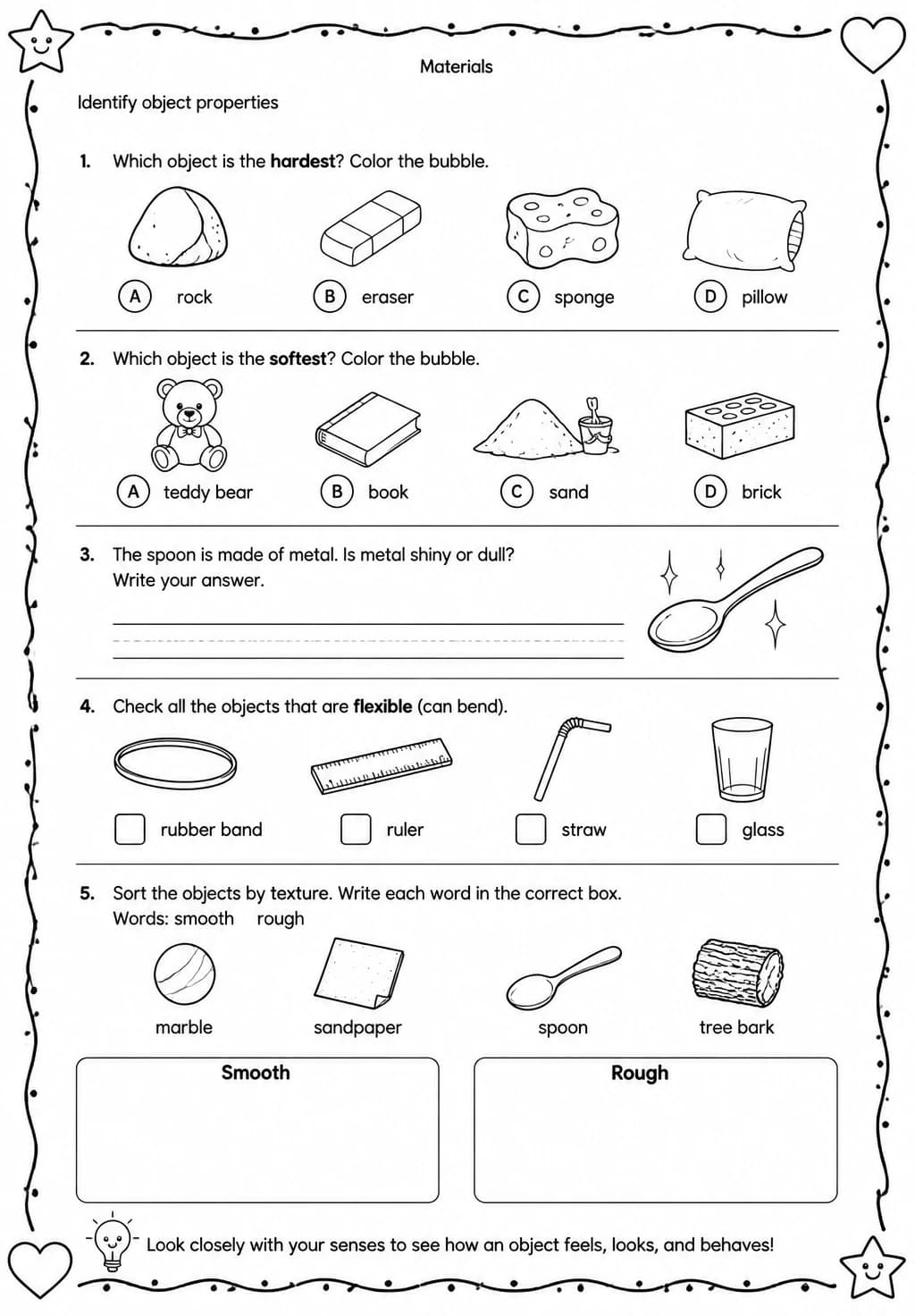 Identify object properties — free printable Grade 2 Science worksheet