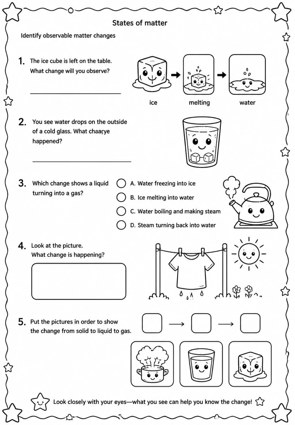 Identify observable matter changes — free printable Grade 1 Science worksheet