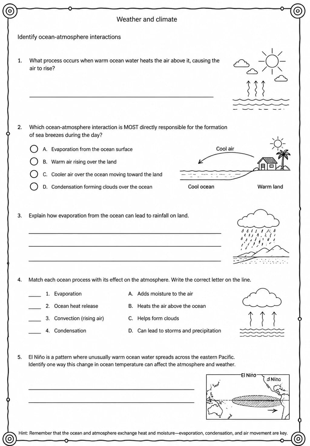 Identify ocean-atmosphere interactions — free printable Middle School Science worksheet