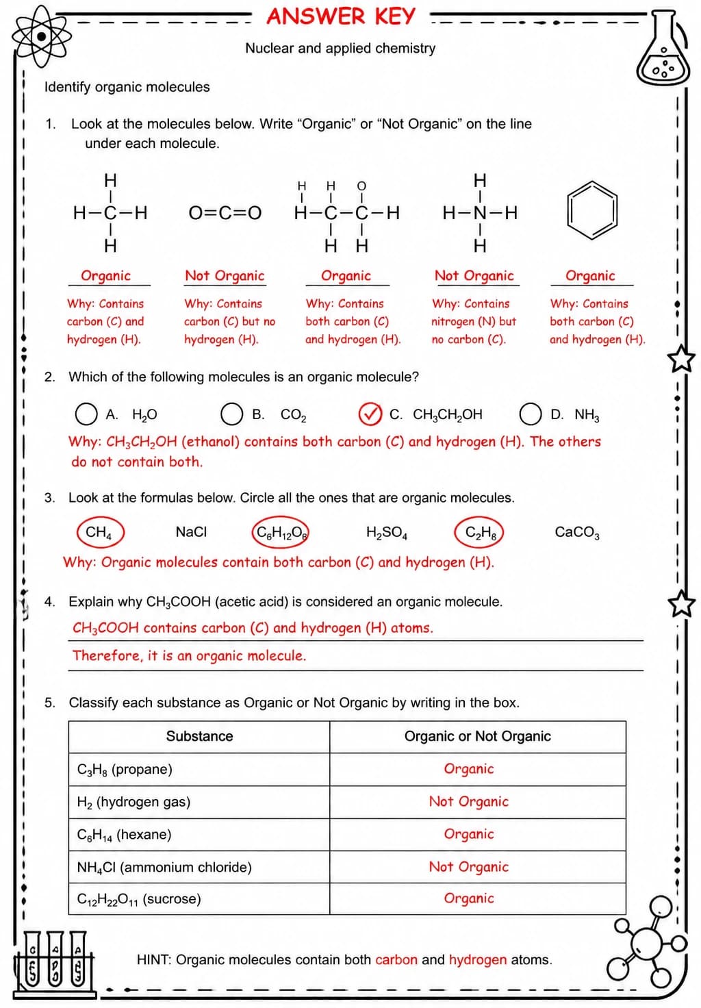 Answer key for Identify organic molecules — free printable Science worksheet
